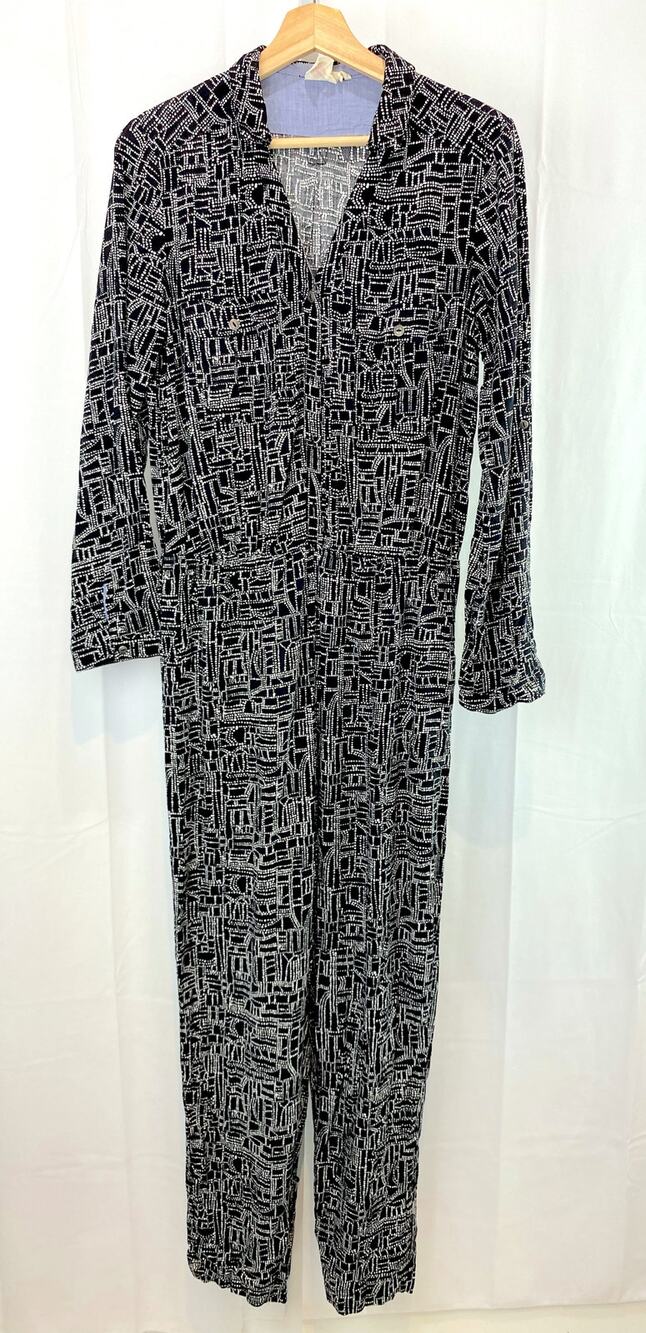 LILKA Size M Anthropologie Atacama Jumpsuit Printed Roll Tab Sleeve Black White